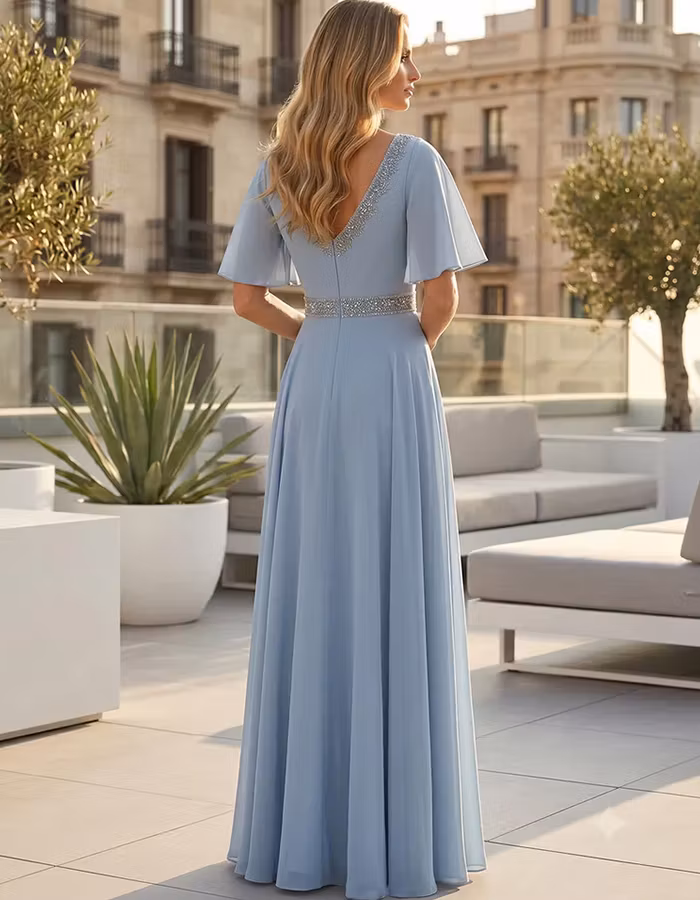 Dusty Blue Sequined Flutter Sleeve Chiffon Maxi Dress
