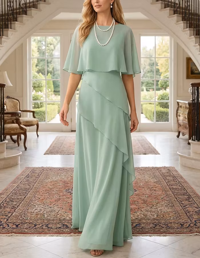 Light Green Round Neck Capelet Chiffon Maxi Dress