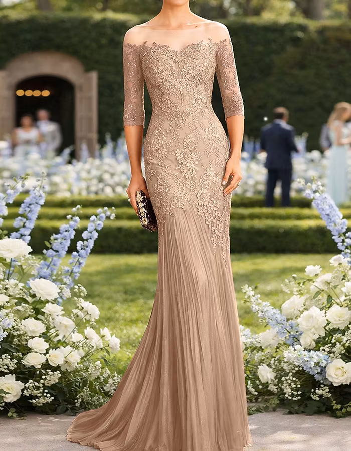 Dusty Pink Lace Chiffon Off-the-shoulder Maxi Dress