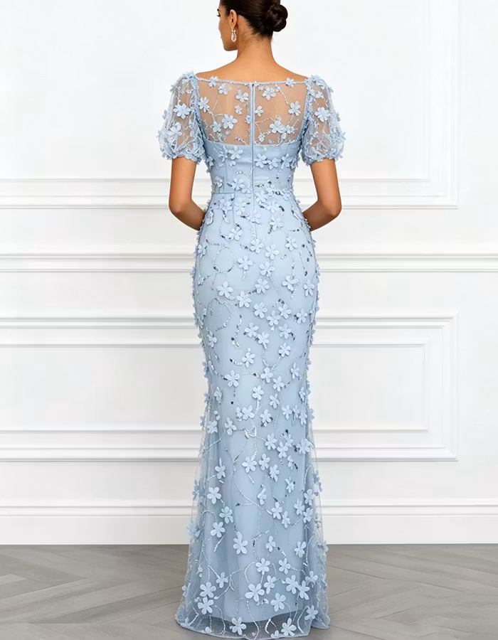Light Blue 3D Floral Mesh Mermaid Maxi Dress