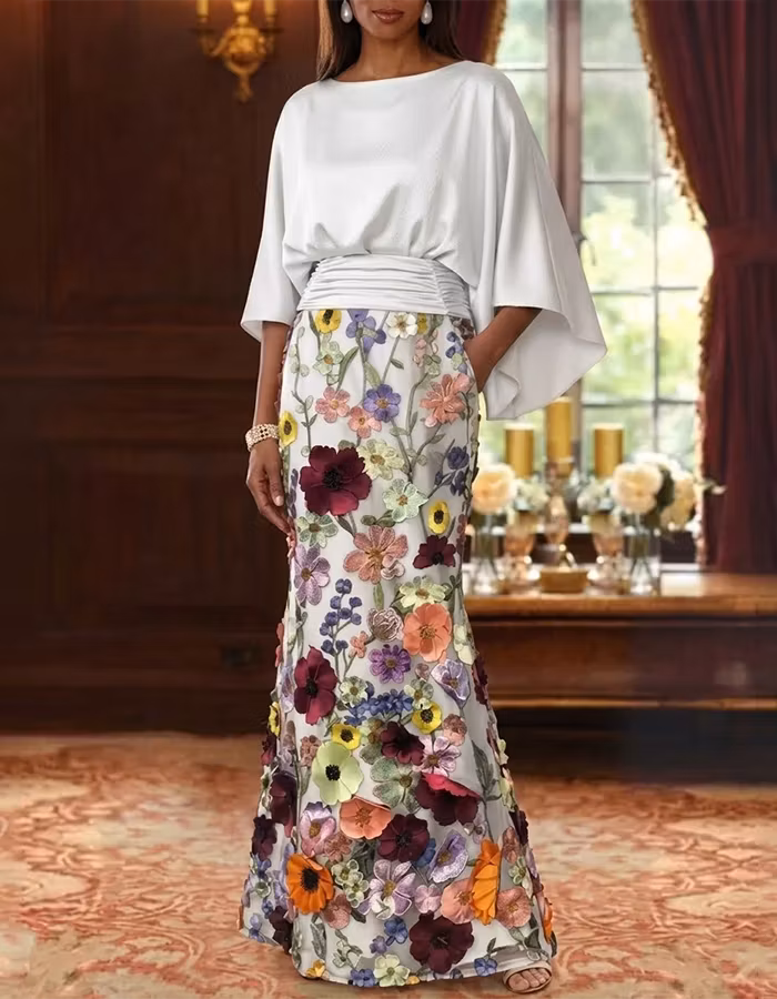 Champagne Satin Capelet & Colorful 3D Floral Mermaid Maxi Dress