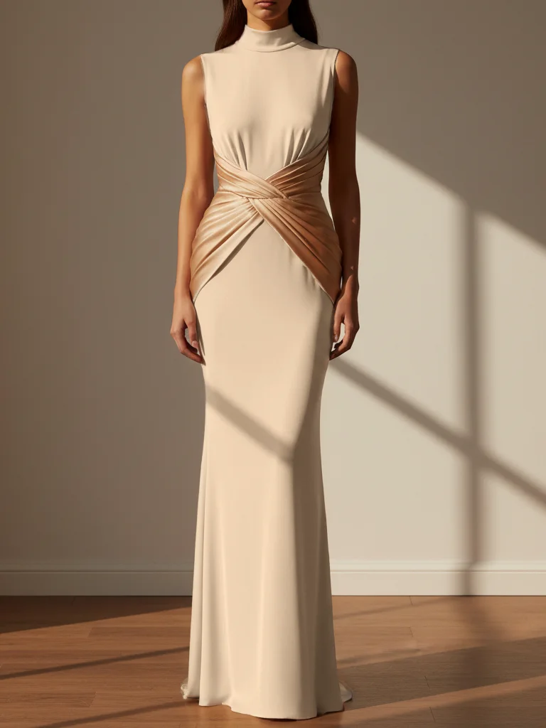 Off White Knit Mock Neck Sleeveless Mermaid Gown Dress