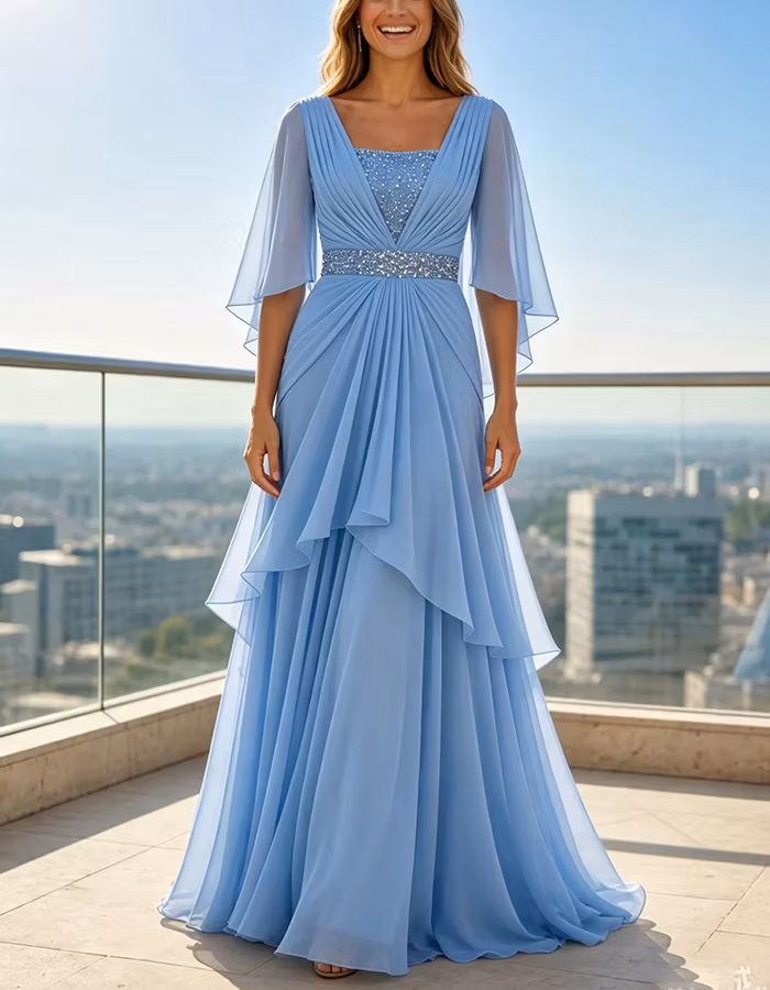 Blue Square Neck Capelet Sleeves Sequined Chiffon Maxi Dress