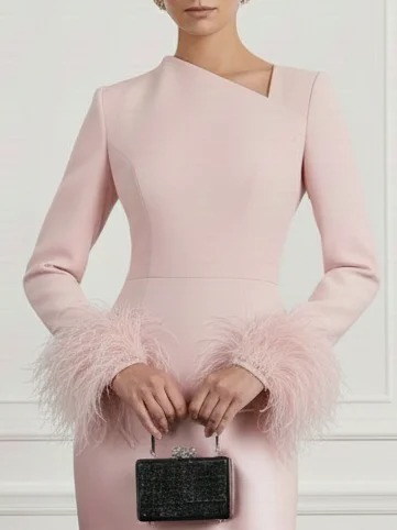 Women Pink Feather-trimmed Asymmetrical Long Sleeve Dressy Top With Skirt Two-Piece Set