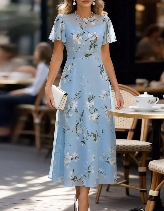 Light Blue Floral Chiffon Flutter Sleeve Midi Dress