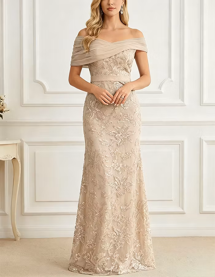 Off-the-Shoulder Chiffon & Sequin Mesh Maxi Dress