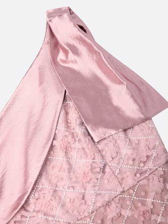 Pink One-Shoulder Satin Bow 3D Floral Sheath Maxi Dress