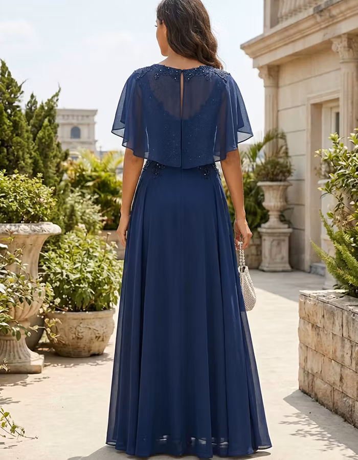 Navy Blue Illusion Neck Beaded Lace Empire Waist Chiffon Maxi Dress