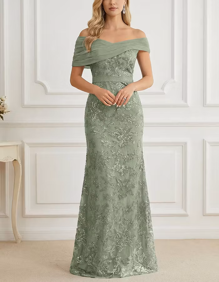 Off-the-Shoulder Chiffon & Sequin Mesh Maxi Dress