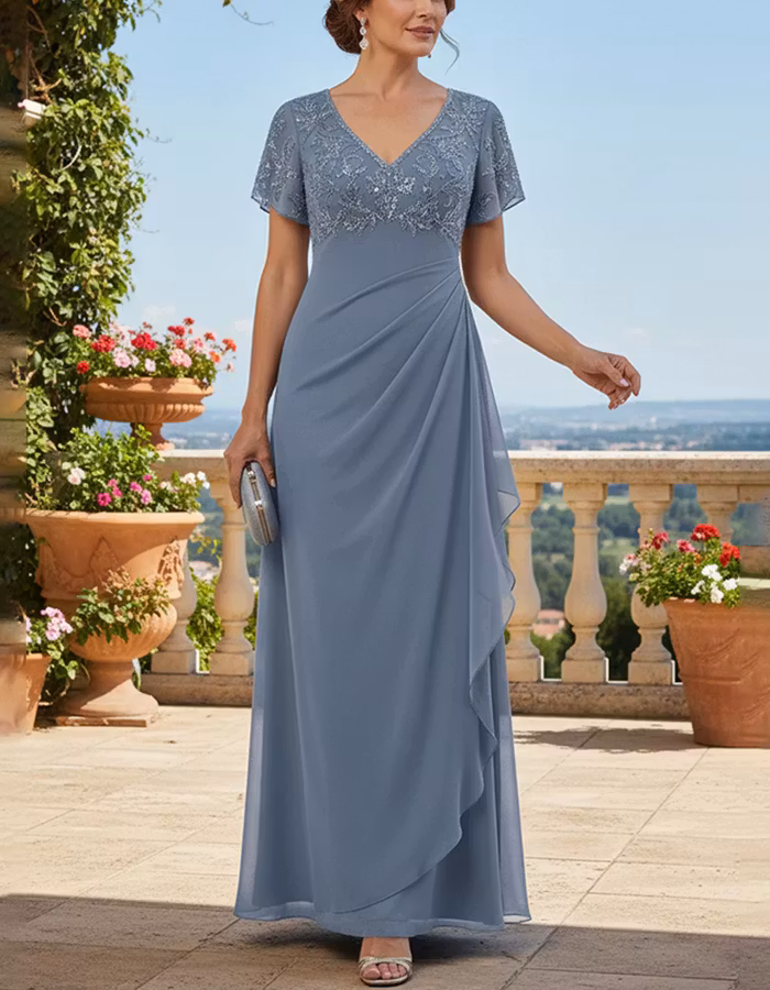 Dusty Blue V-Neck Chiffon Ruched Waist Maxi Dress