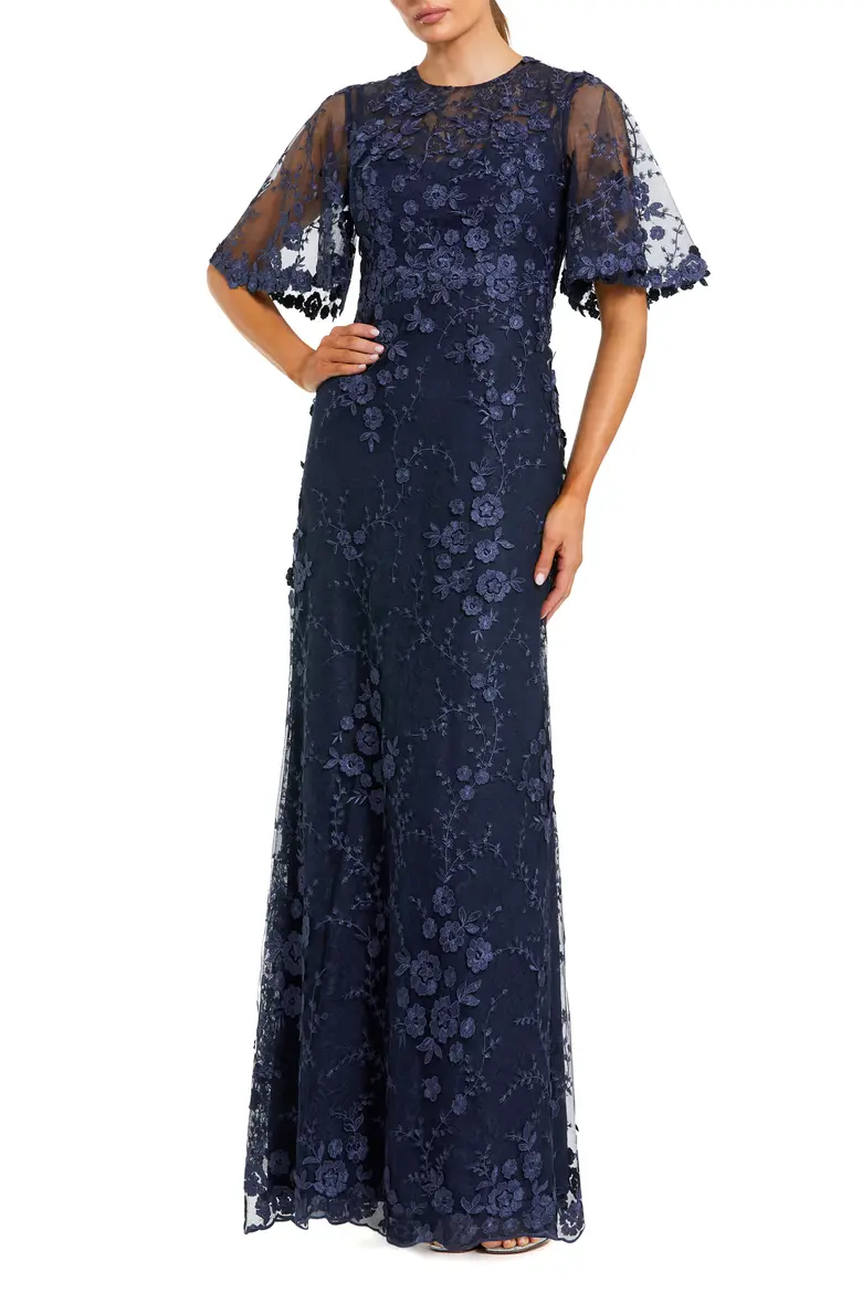 Elegant Floral Embroidered Evening Gown with Flutter Sleeves