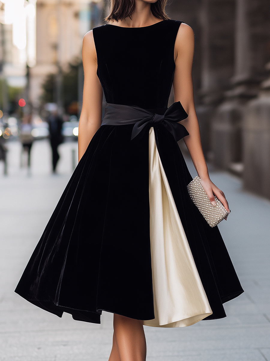 Sleeveless Fit-and-Flare Midi Dress With Contrast Panel And Waist Bow