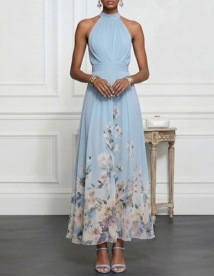 Light Blue Chiffon Halter Neck Maxi Dress