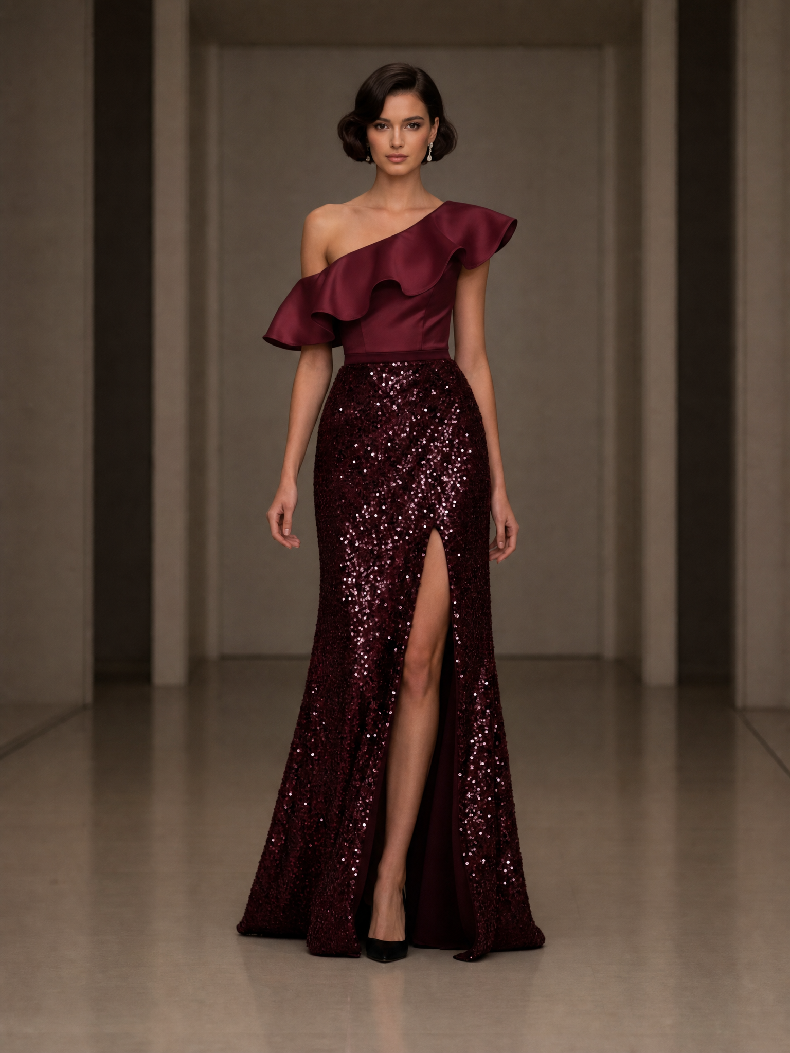One-Shoulder Ruffle Bodice Sequin Mermaid Gown with Slit