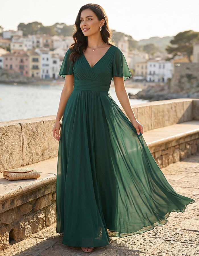 Dark Green Chiffon V-Neck Flutter Sleeves And Fitted Waist Maxi Dress