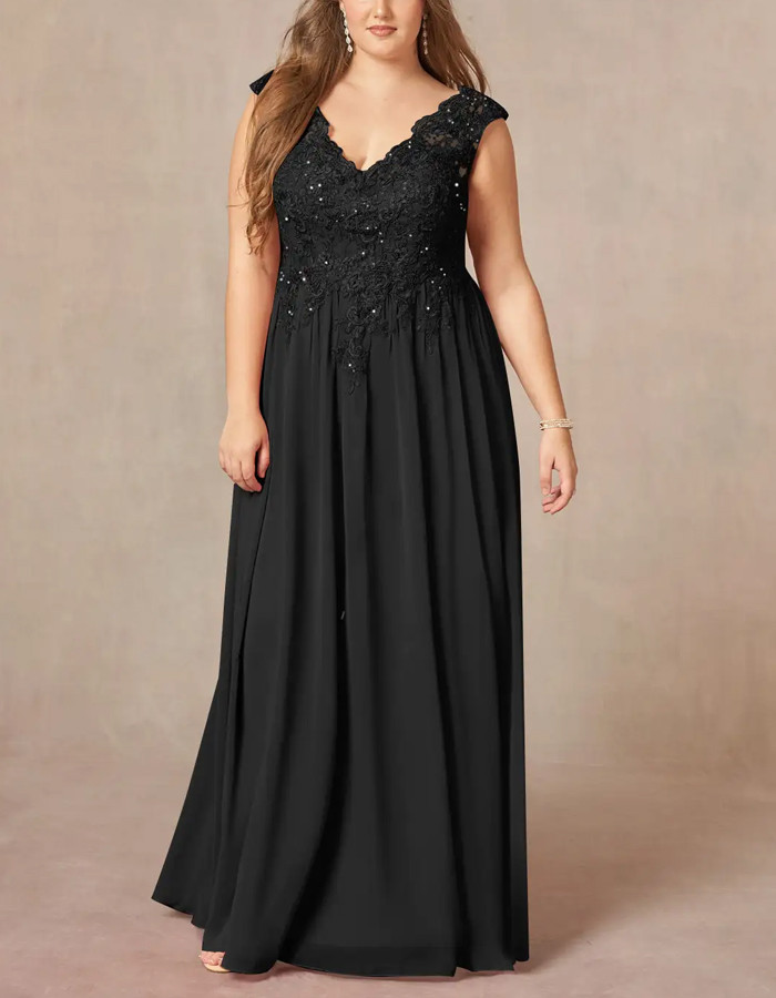 Black Sequined Chiffon A-Line V-Neck Maxi Dress
