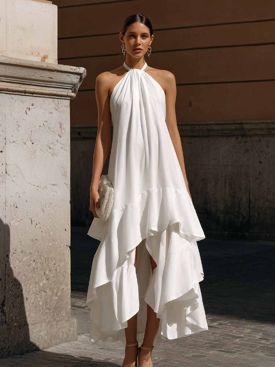 White Halter Neck Layered Ruffle High-Low Midi Dress
