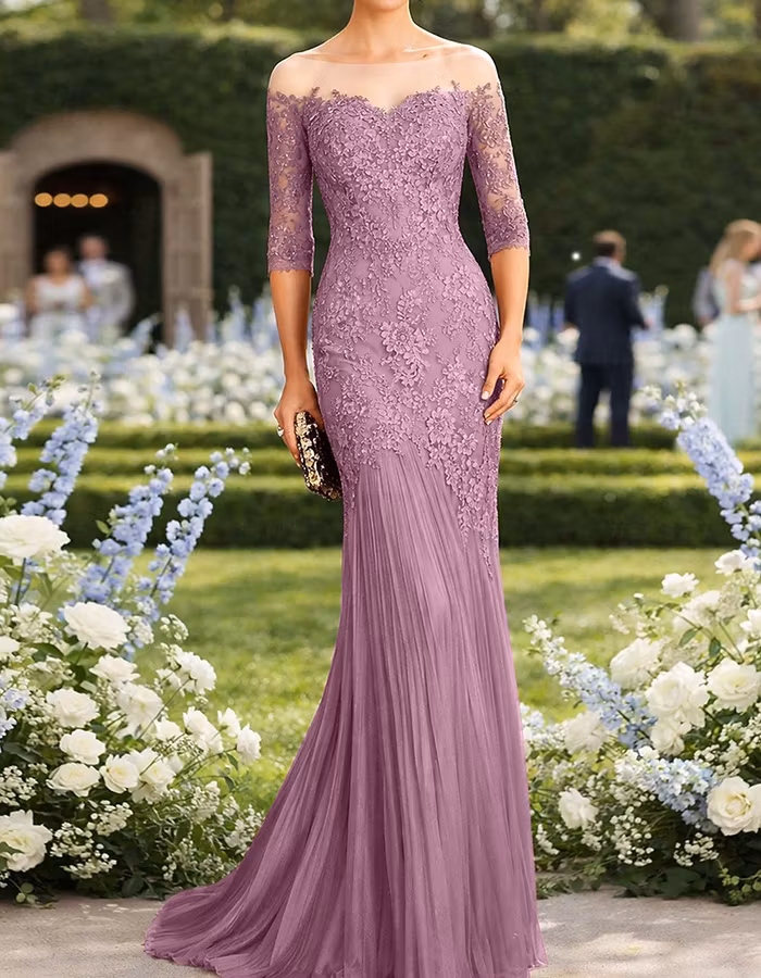 Dusty Pink Lace Chiffon Off-the-shoulder Maxi Dress