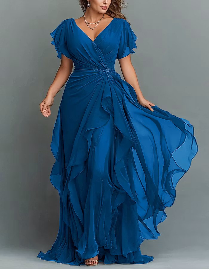 Solid Color V-neck Ruffled Chiffon Maxi Dress