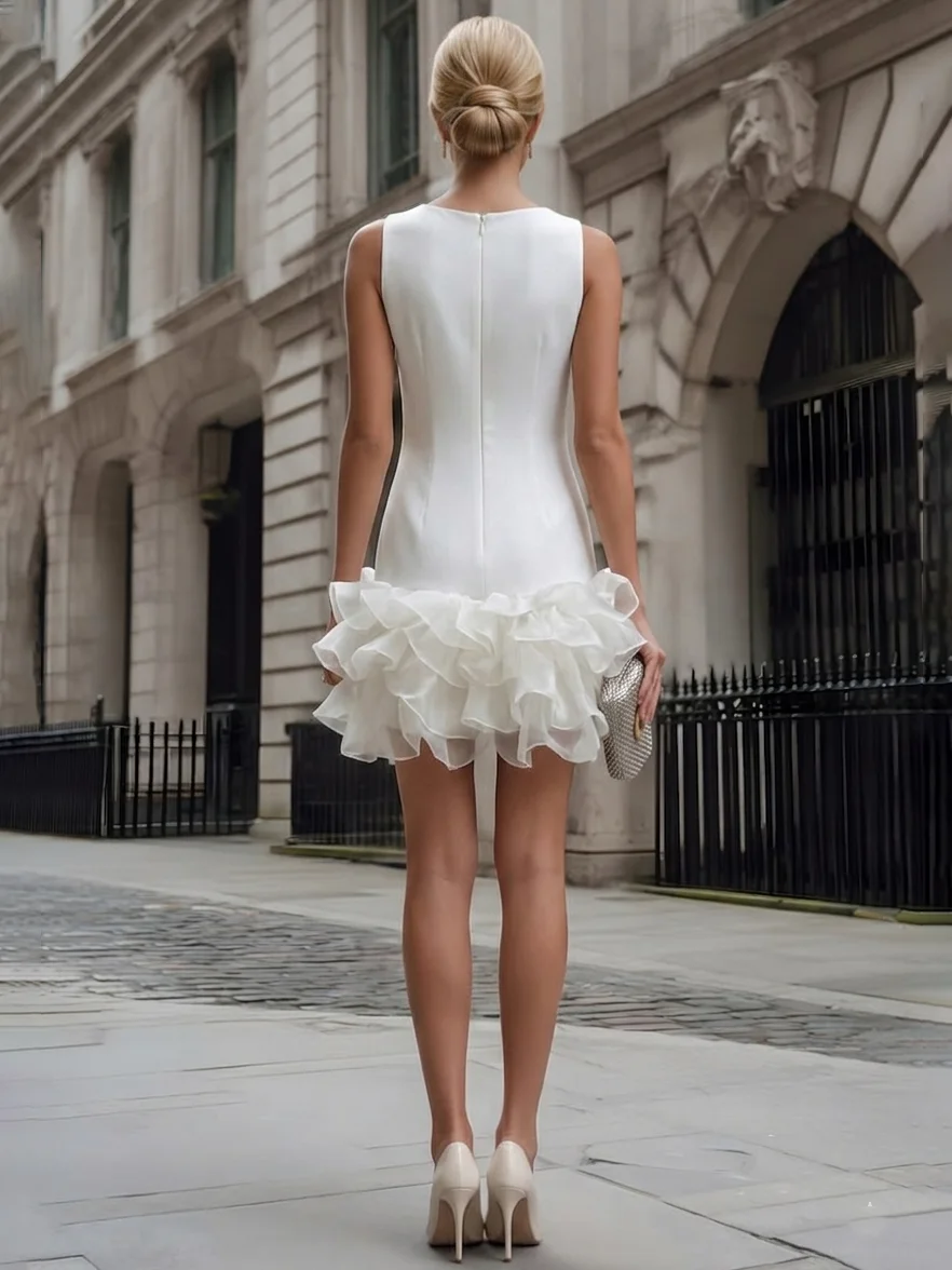 White Folds 3D Floral Classic Boat Neck Sleeveless Sheath Mini Dress