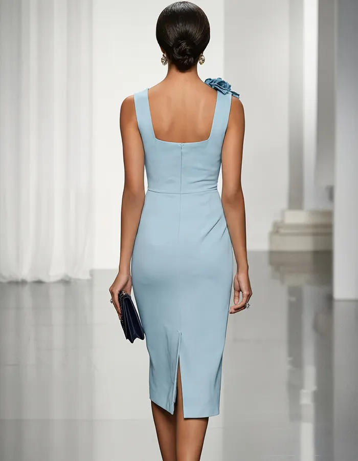 One-Shoulder Blended 3D Floral Midi Dress