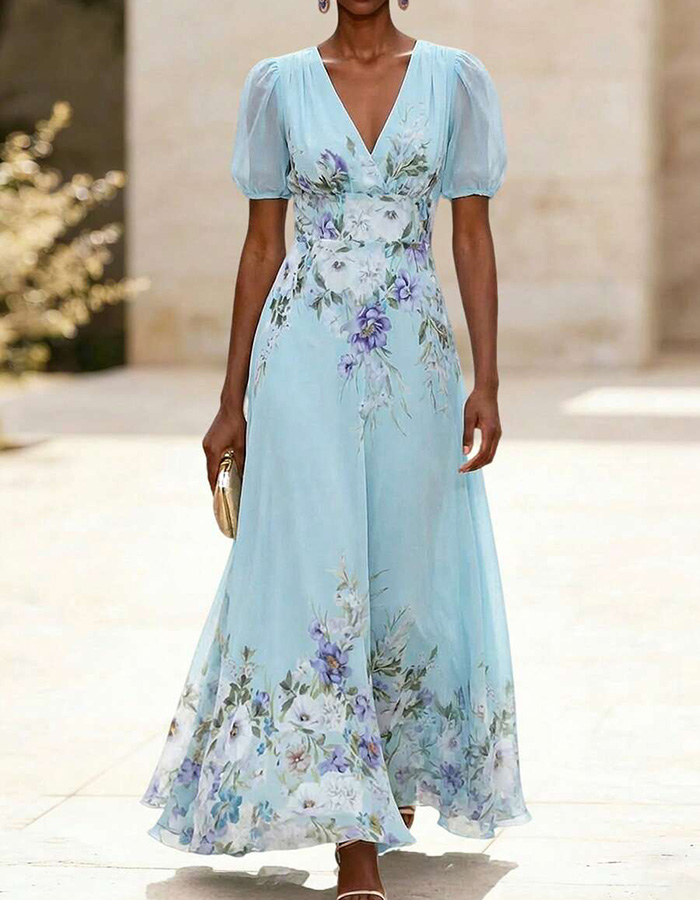 Sky Blue Chiffon Floral Print Maxi Dress