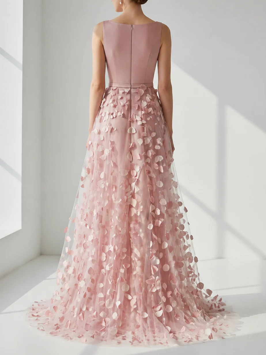 Pink 3D Floral Classic Boat Neck Sleeveless A-Line Floor Length Dress