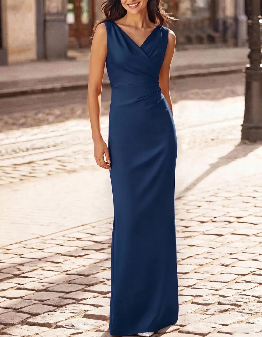 Satin V-neck fitted waist slit straight maxi dress