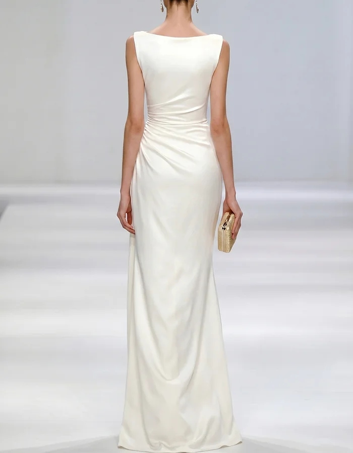 Ivory Satin Boat Neck Ruched Mermaid Maxi Dress