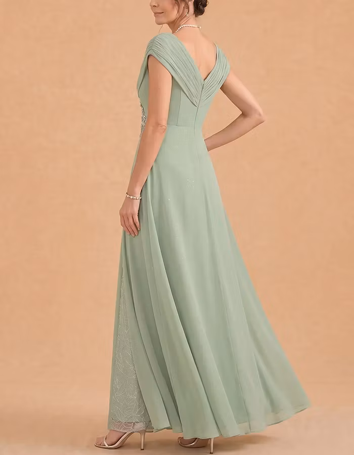 Sage Green V-Neck Beaded Waist Chiffon Maxi Dress