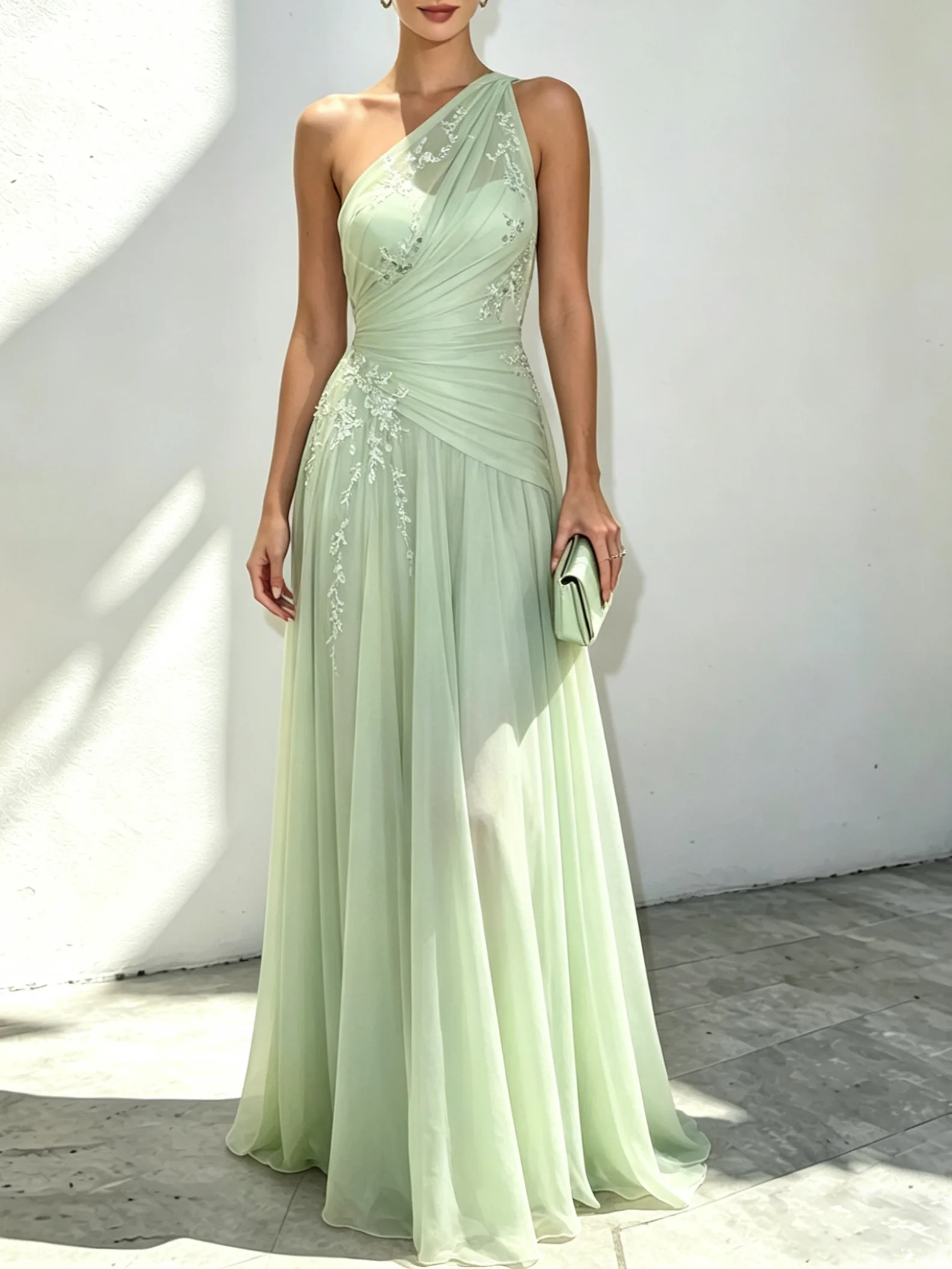 Lightgreen Applique 3D Floral Chiffon One Shoulder Sleeveless A-Line Floor Length Dress