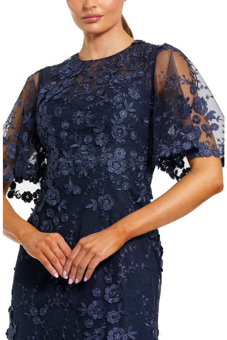 Elegant Floral Embroidered Evening Gown with Flutter Sleeves