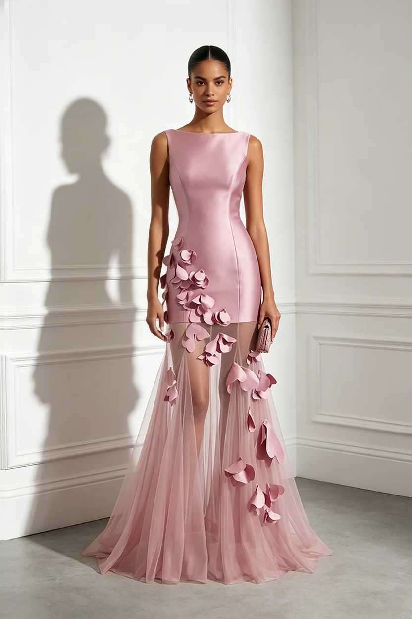 Pink 3D Floral Mesh Satin Boat Neck Sleeveless A-Line Floor-length Gown Dress