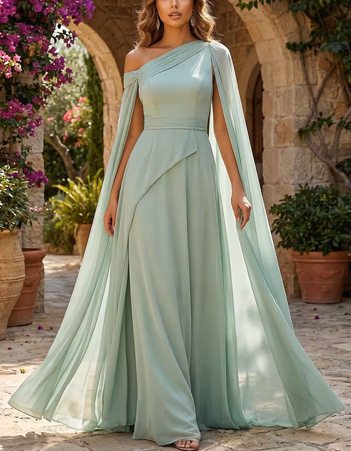 Sage Green One Shoulder Cape Sleeve Chiffon Maxi Dress