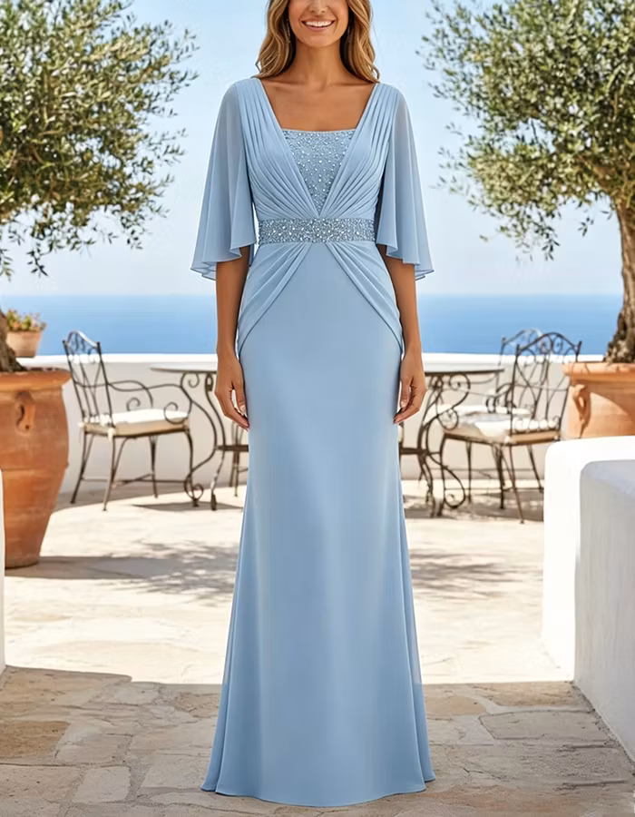 Light Blue Capelet Sequined Chiffon Maxi Dress