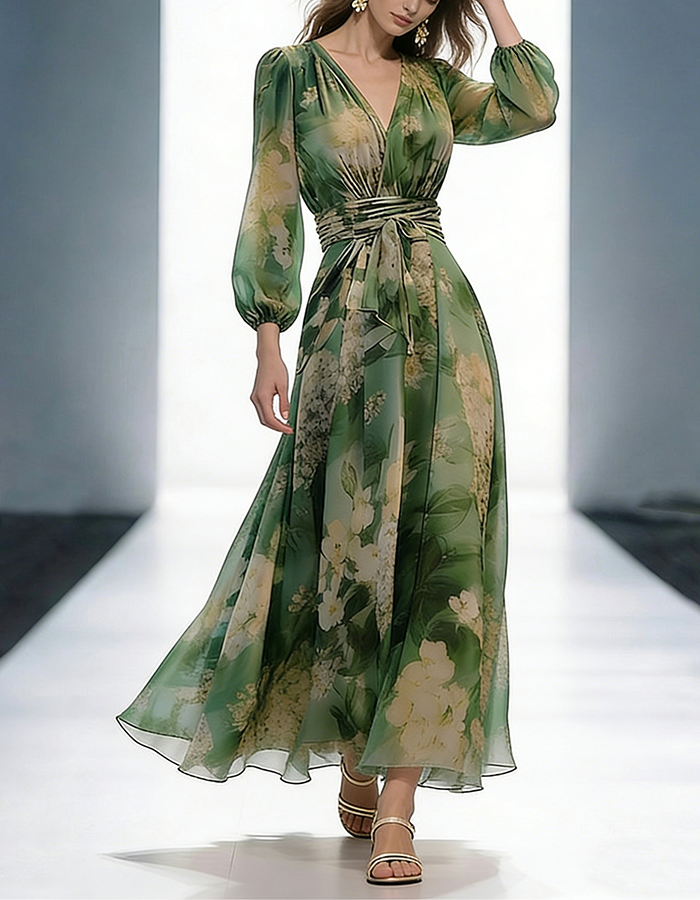 Green Floral Chiffon Wrap Maxi Dress