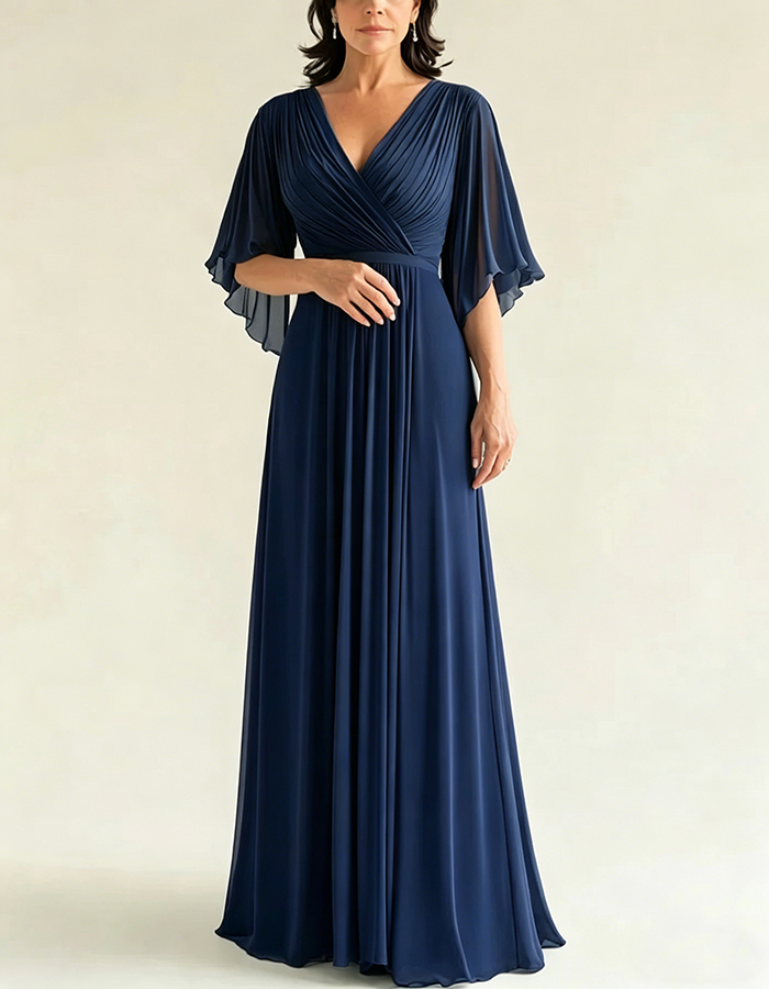 Grey Green Chiffon V-Neck Flutter Sleeves Maxi Dress
