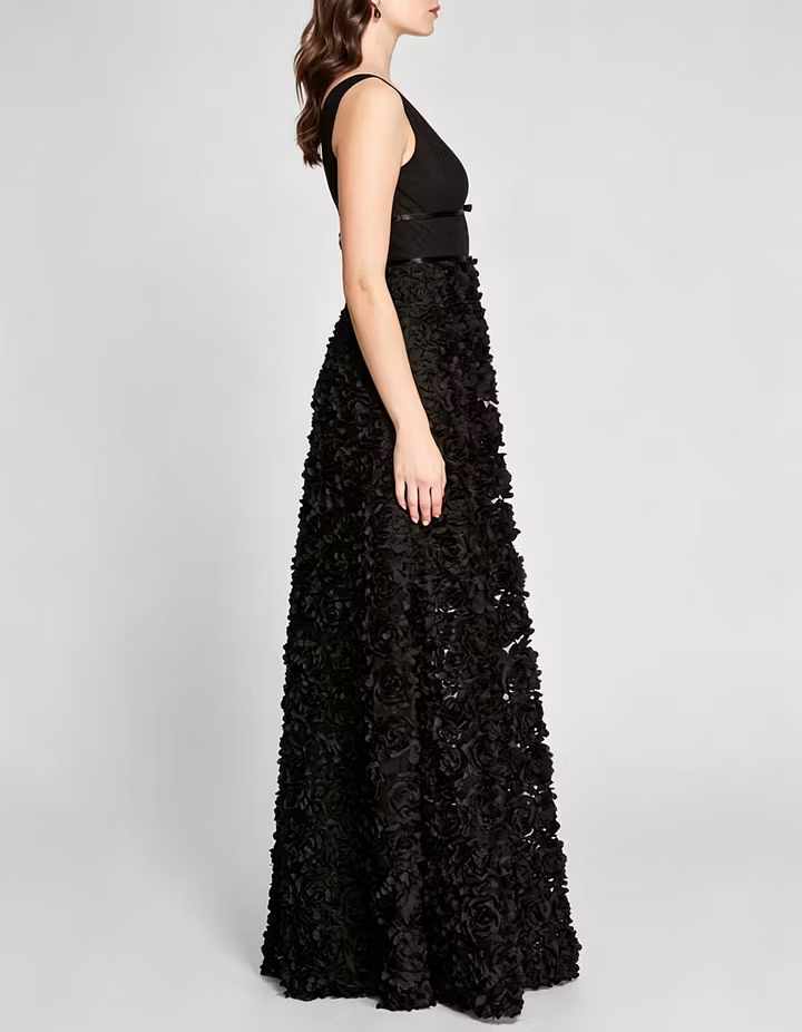 Black Chiffon Floral Mesh Fitted Waist A-line Maxi Dress