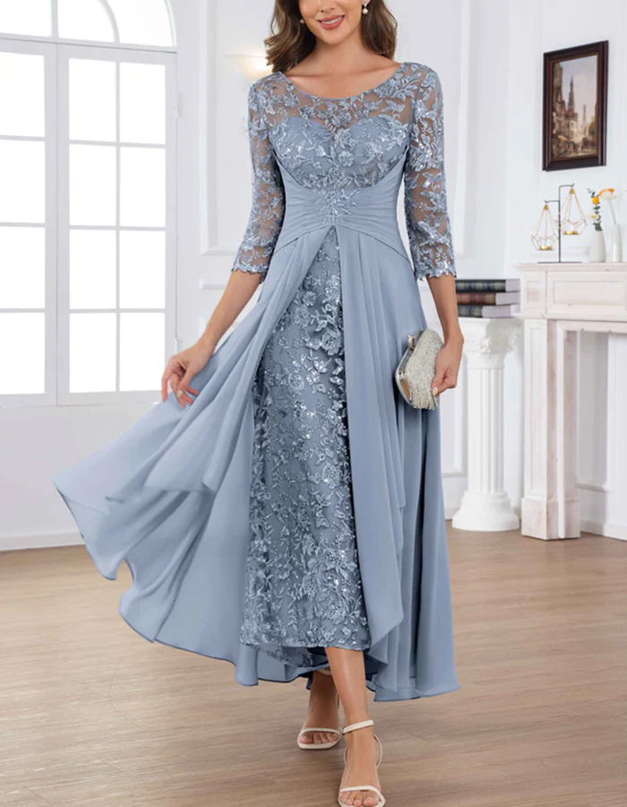 Lace Over Chiffon Illusion Neck Midi Dress