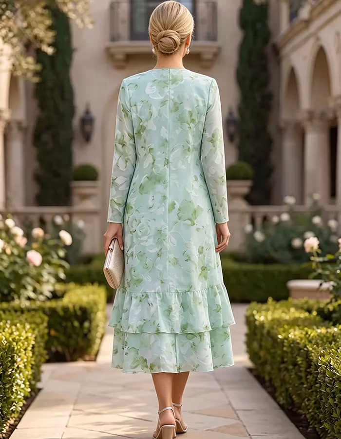 Mint Green Floral Chiffon Jacket Two-Piece Suit