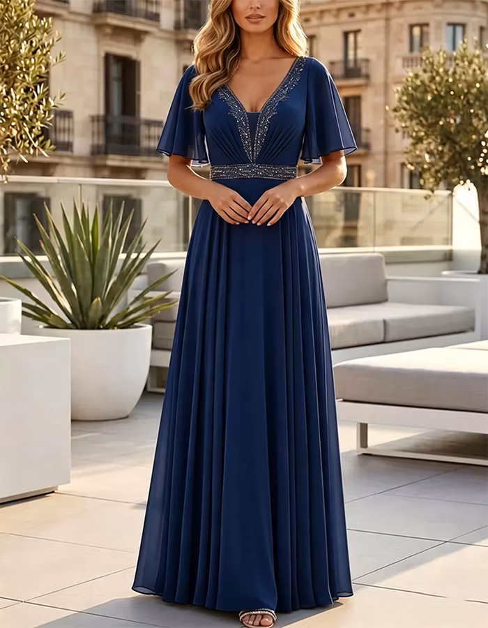 Dusty Blue Sequined Flutter Sleeve Chiffon Maxi Dress