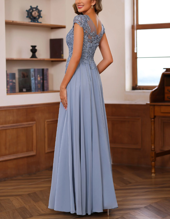 Blue Gray Chiffon Lace Patchwork Maxi Dress