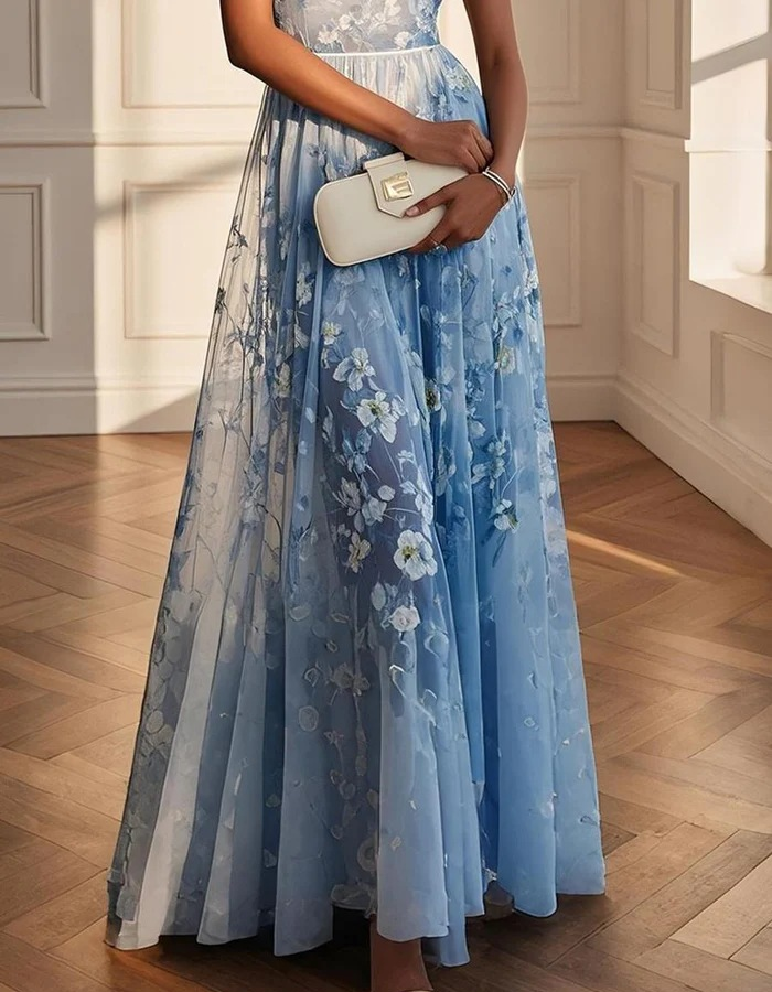 Sky-Blue Chiffon Printed V-Neck Empire-Waist Maxi Dress