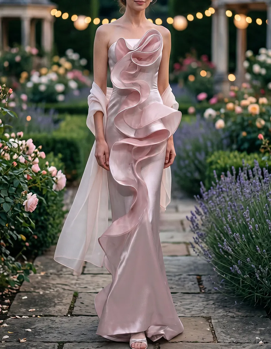 Pink Satin Exaggerated Ruffled Fishtail Maxi Dress