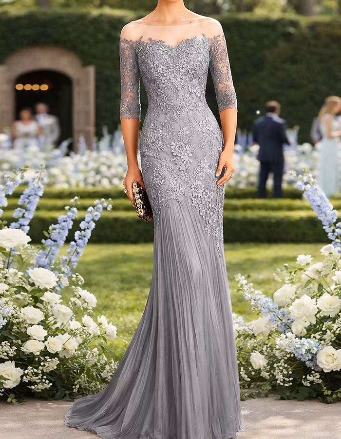 Dusty Pink Lace Chiffon Off-the-shoulder Maxi Dress
