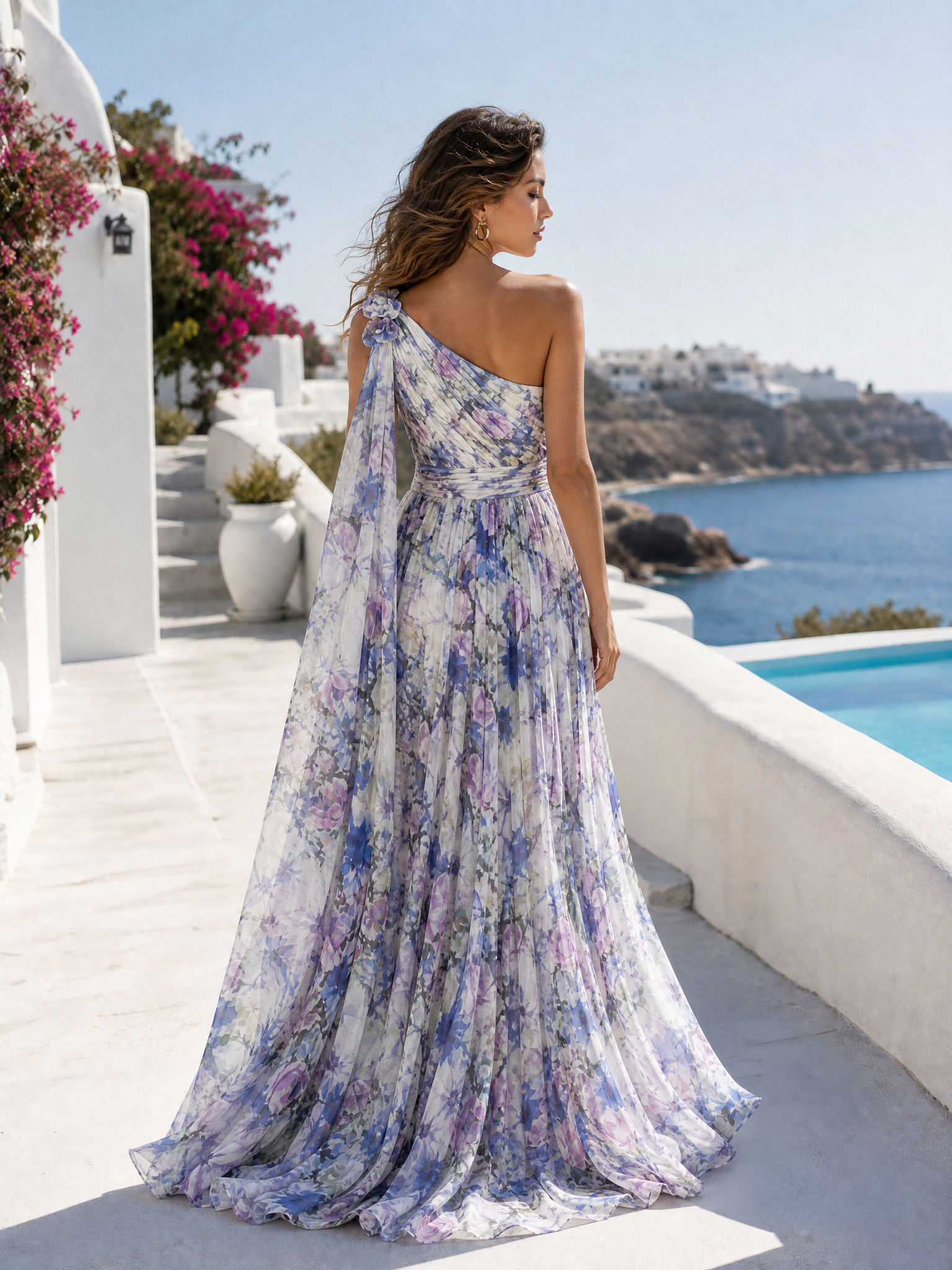 One-Shoulder Floral Print Floor-Length Chiffon A-Line Gown with Cape Sleeves and Slit