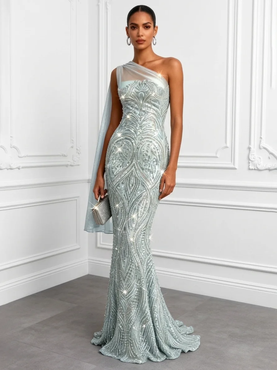 Lightgreen Glitter Beaded Classic One Shoulder Sleeveless Mermaid Gown Dress