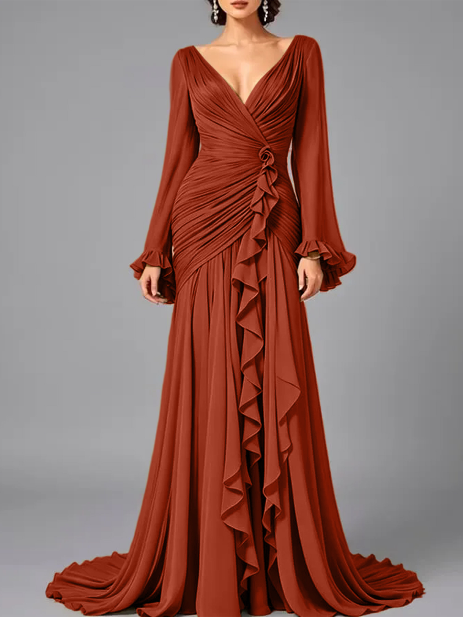 V-Neck Sheer Long Sleeve Ruffled Chiffon Dress