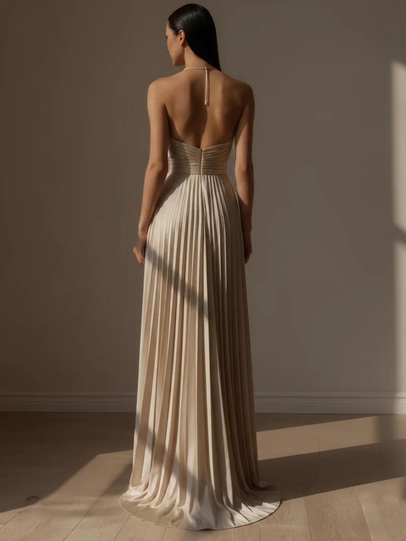 Light Khaki Pleated Satin Halter Neck Sleeveless A-Line Gown Dress