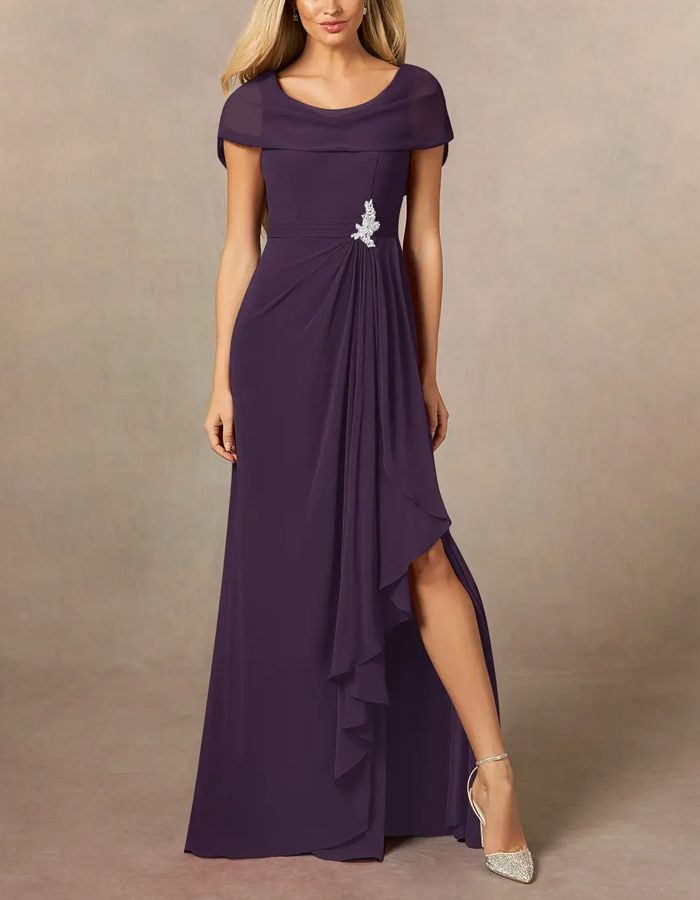 Purple A-line Chiffon Side Slit Maxi Dress